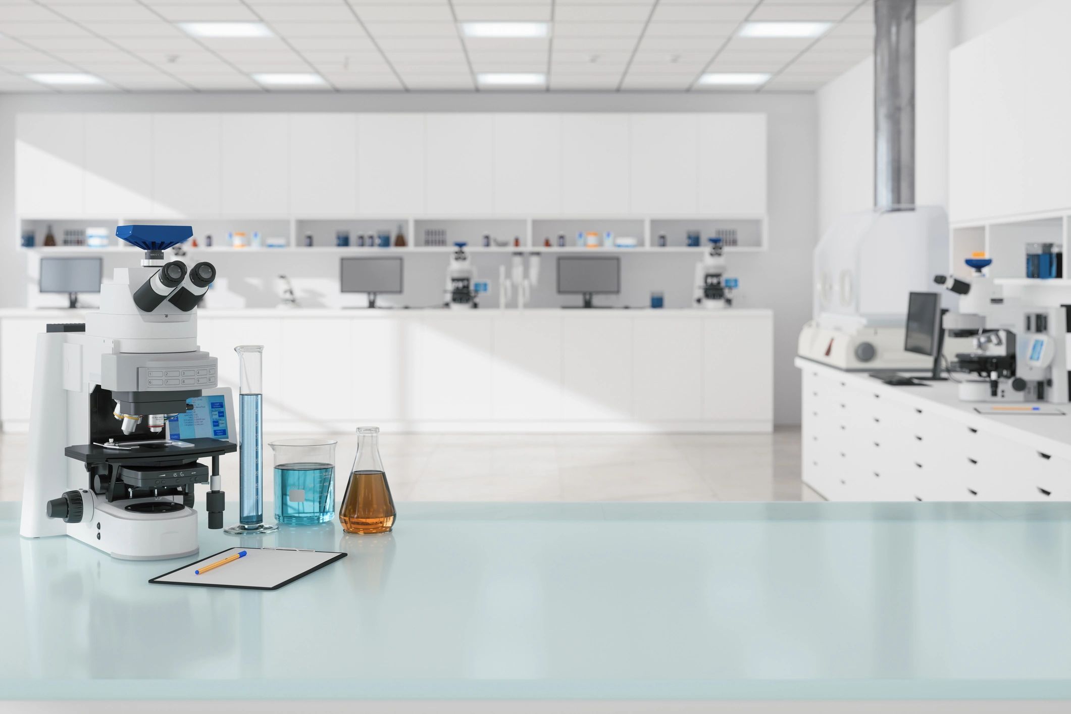 Close-up of microscope and laboratory equipment on a lab bench